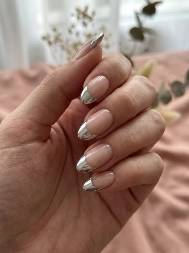 Chrome french manicure on almond nails